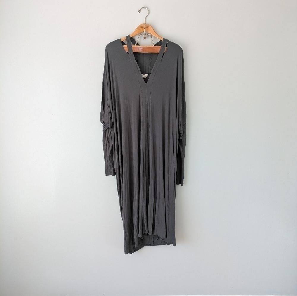 Laura Siegel Dress Women's S Gray Midi Bamboo Long Sleeve V-Neck Lagenlook 